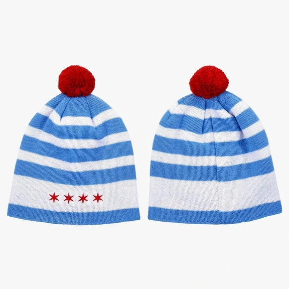 Euroscarves Accessories - Chicago Flag Knit Winter Hat Blue/White Stripe Beanie with Red Pom NWOT